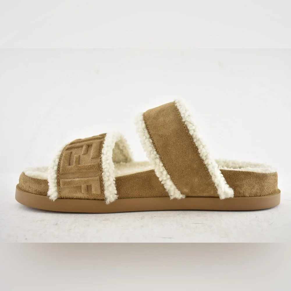 Fendi Feel Slide Shearling Fur Lined Bronze Monogram Logo Mule Flat Sandal 36.5 - Picture 11 of 16